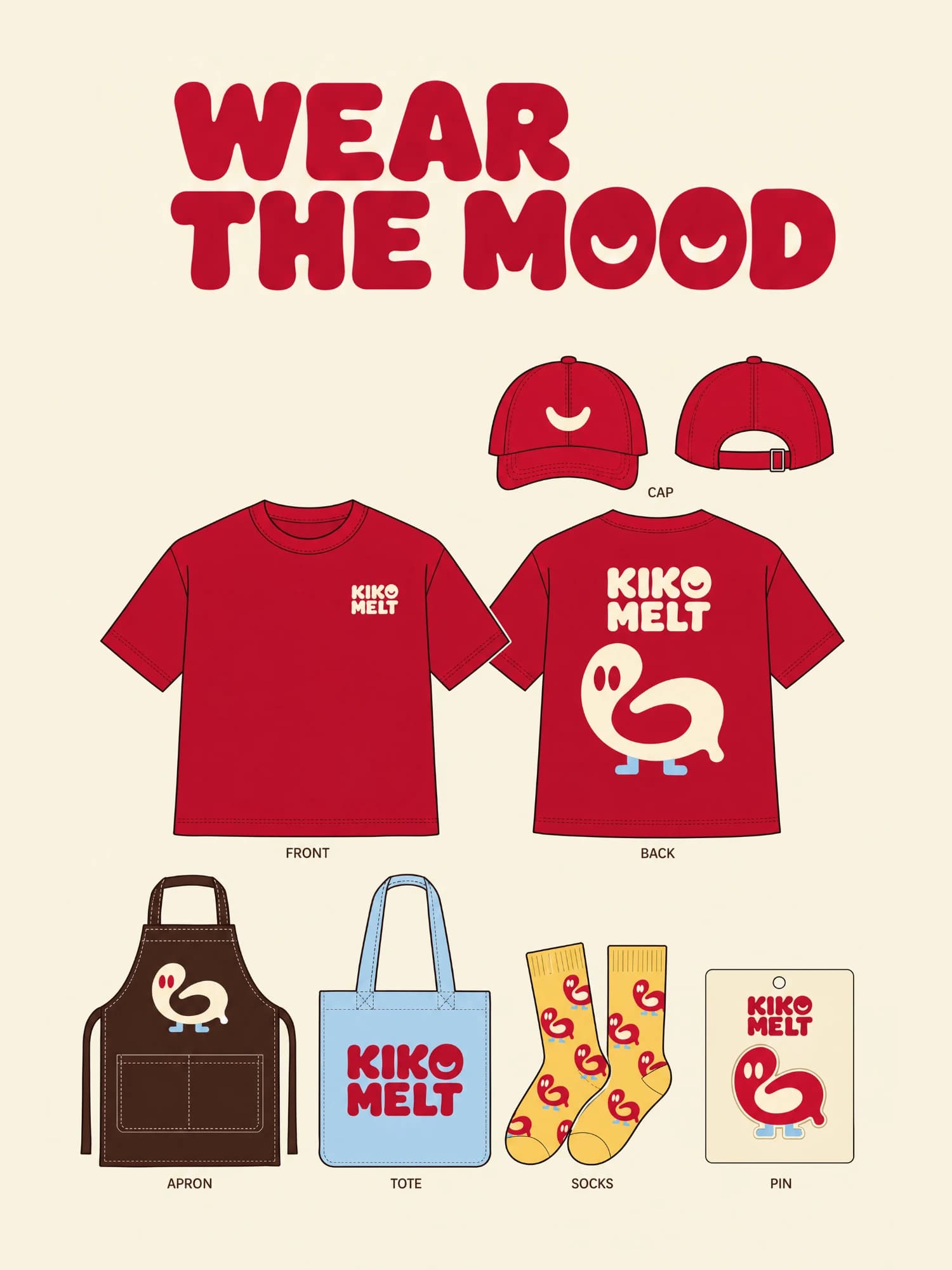 The Kiko Melt apparel range drawn flat under the line Wear The Mood — a red cap front and back, a red tee with the wordmark at the chest and Loop across the back, a brown apron, a powder blue tote, yellow socks patterned with the bird, and an enamel pin on its backing card