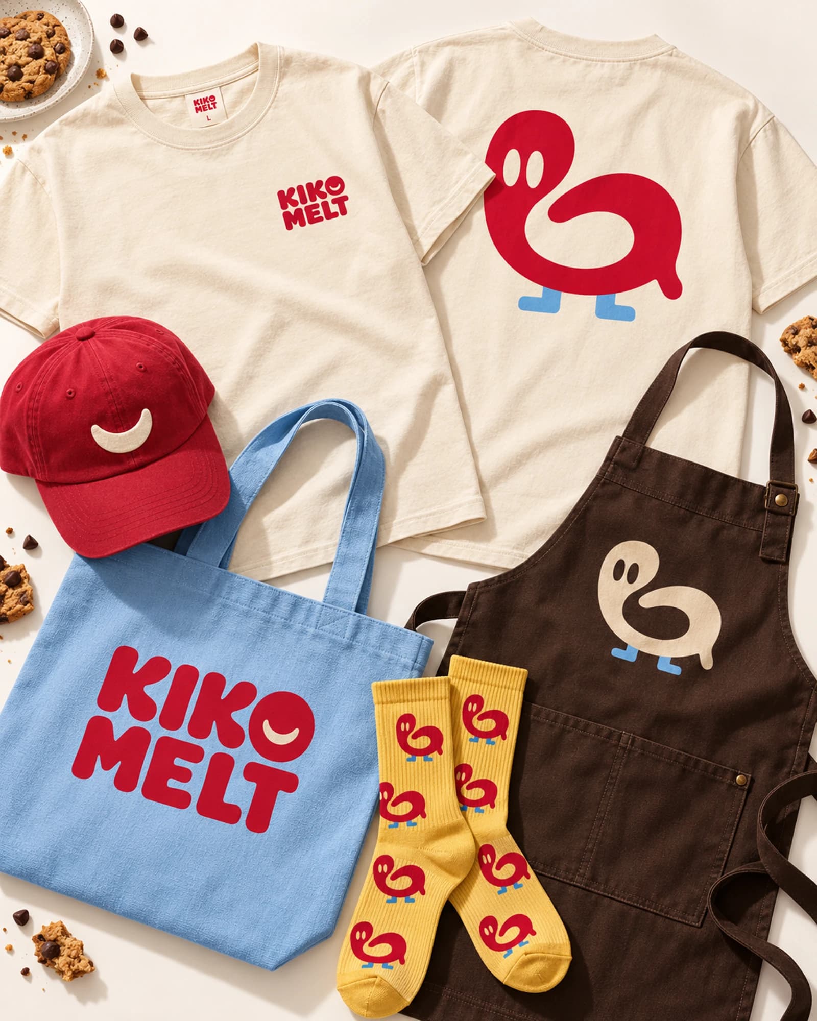 The apparel laid out together: two cream tees showing the chest wordmark and the red Loop across the back, a red cap with the smile, a powder blue tote carrying the wordmark, yellow socks patterned with Loop and a brown apron, with cookies scattered around them