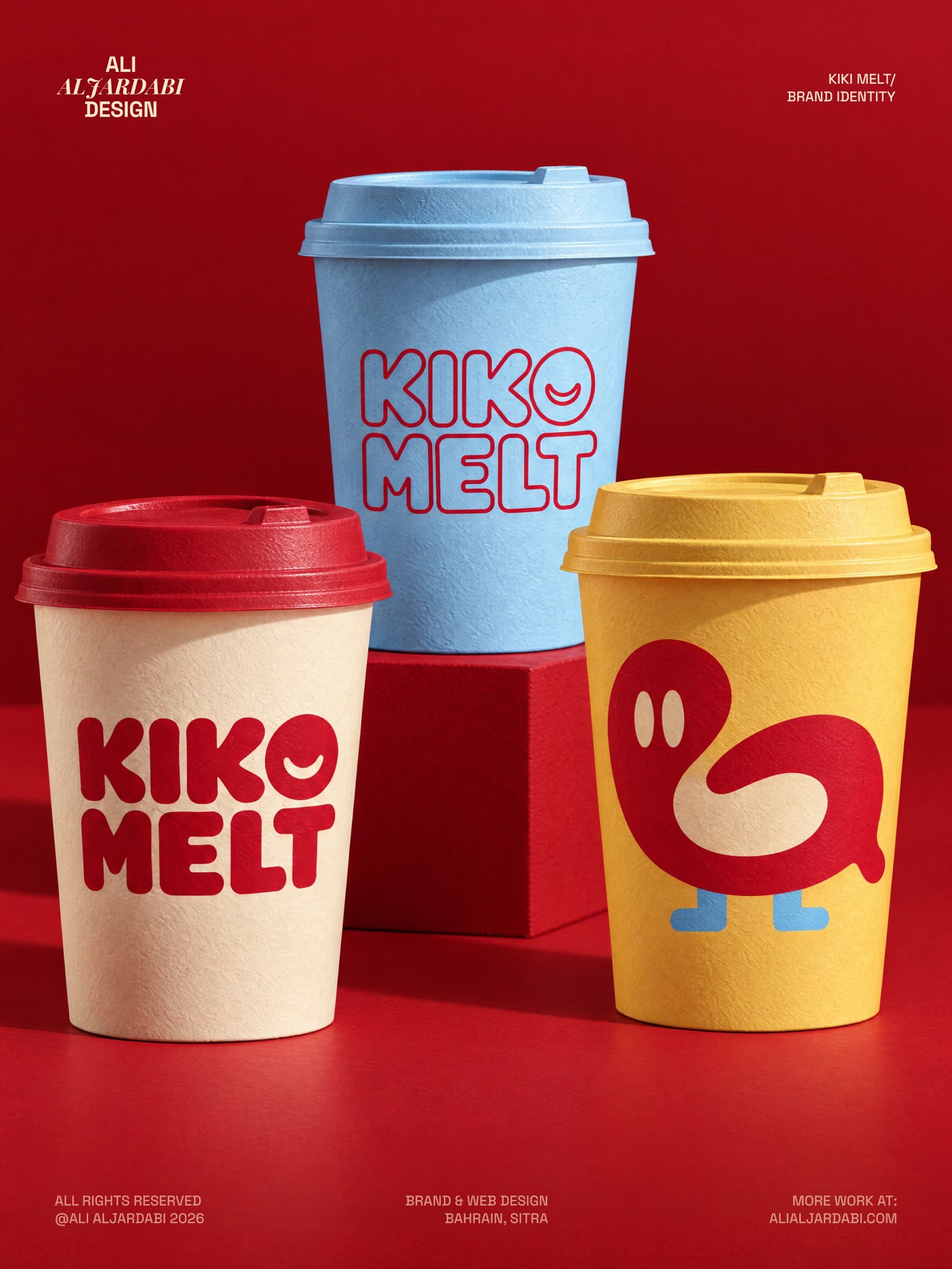 Three Kiko Melt takeaway cups on a red ground: cream with a red lid and red wordmark, powder blue with an outlined wordmark, and yellow carrying the red Loop bird