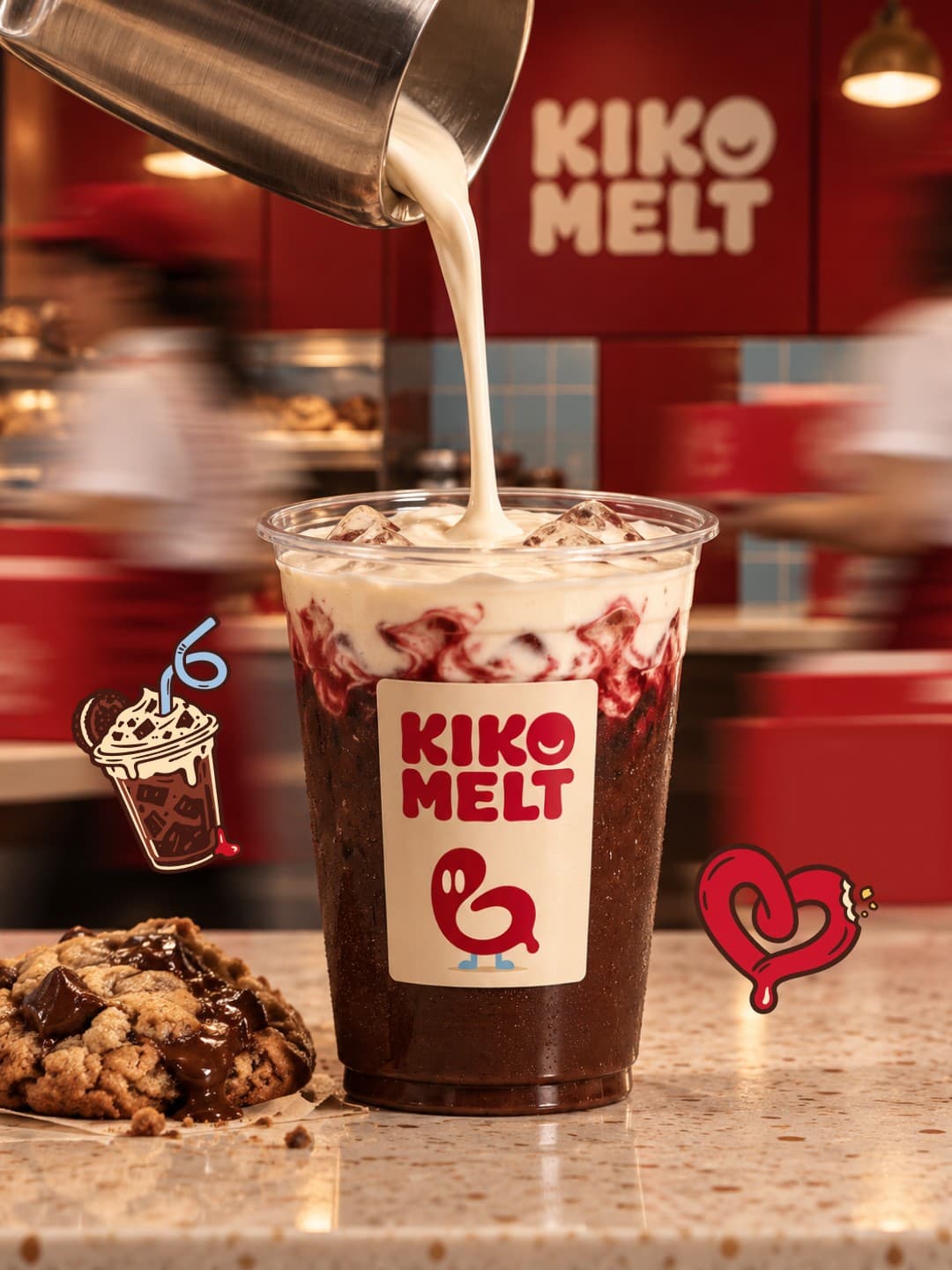 A visualisation of an iced Kiko Melt drink being poured at the counter, the cup carrying the wordmark and Loop, with sticker art floating beside it