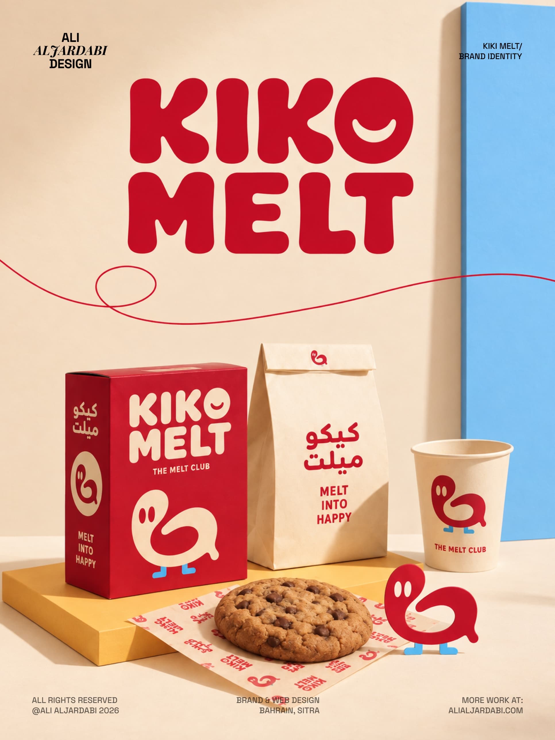 The Kiko Melt packaging set on cream: a red cookie box, a bilingual paper bag, a cup carrying Loop, branded wrap and a cut-out of the mascot