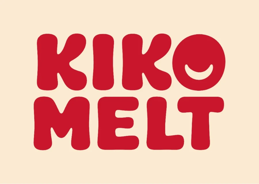 The Kiko Melt lockup in melt red on a warm cream ground, the smile cut into the O