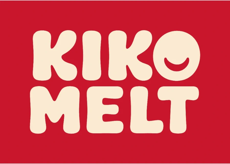 The Kiko Melt lockup in cream on a melt red ground, the smile showing the red through the O