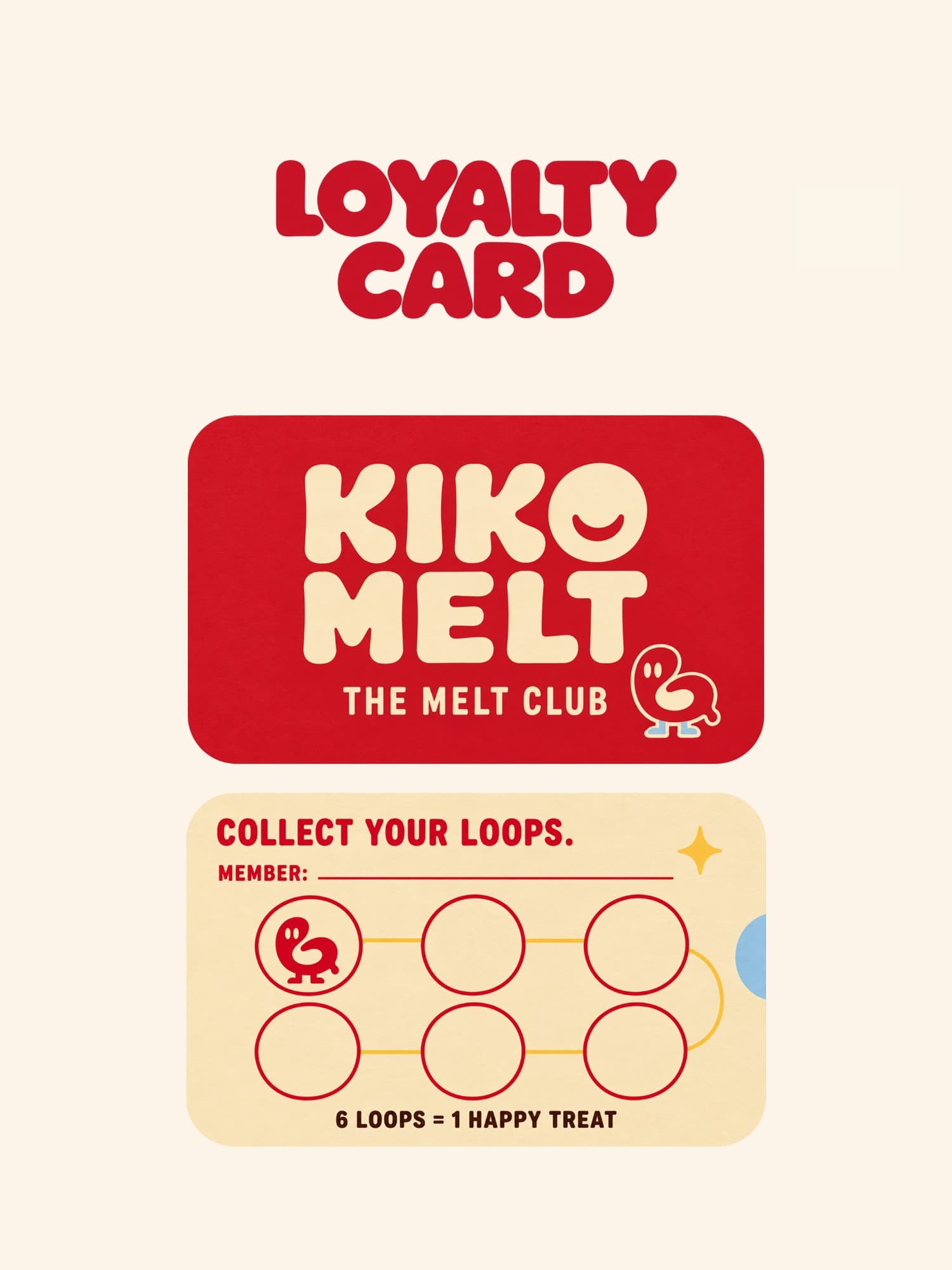 The Kiko Melt loyalty card artwork — a red front reading The Melt Club with Loop, and a cream back headed Collect Your Loops with a member line, six stamp circles joined by a yellow thread and the rule six loops equals one happy treat