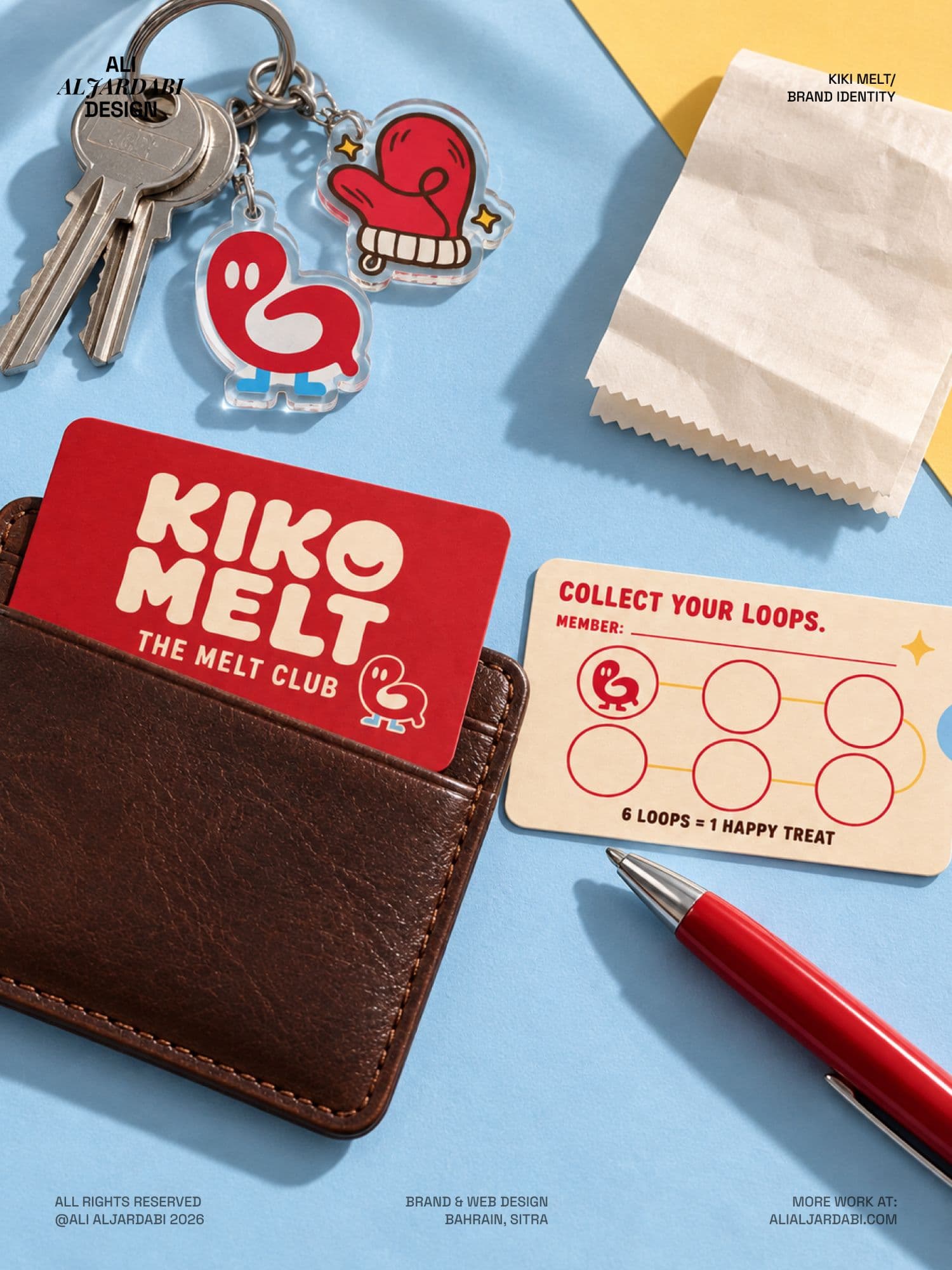 A red Kiko Melt member card in a leather wallet beside the Collect Your Loops stamp card, with Loop and oven-mitt acrylic keyrings on a set of keys