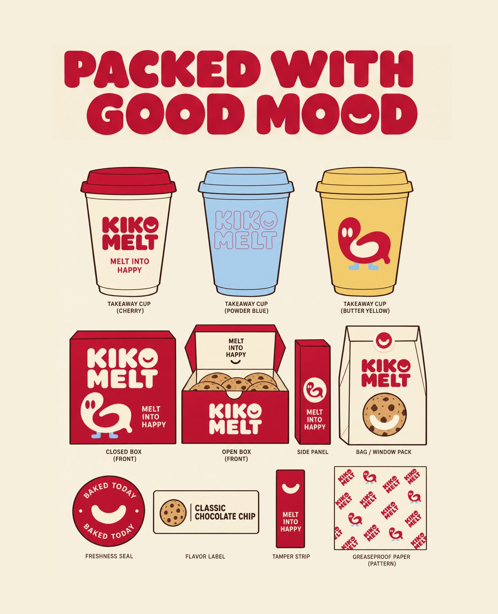 The packaging system drawn flat under the line Packed With Good Mood — three takeaway cups in cherry, powder blue and butter yellow, a closed and open cookie box with its side panel, a window bag, a baked-today freshness seal, a flavour label, a tamper strip and the greaseproof paper pattern