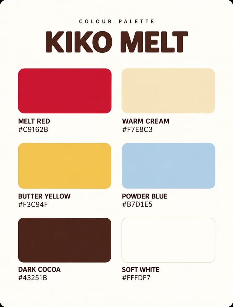 The Kiko Melt colour board: melt red #C9162B, warm cream #F7E8C3, butter yellow #F3C94F, powder blue #B7D1E5, dark cocoa #43251B and soft white #FFFDF7, each named with its hex value