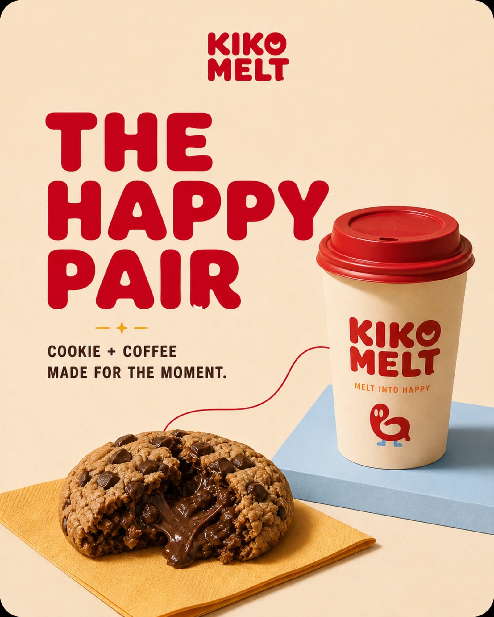 A post headed The Happy Pair — cookie and coffee made for the moment — a molten chocolate chip cookie on a yellow napkin linked by a red line to a Kiko Melt cup with a red lid