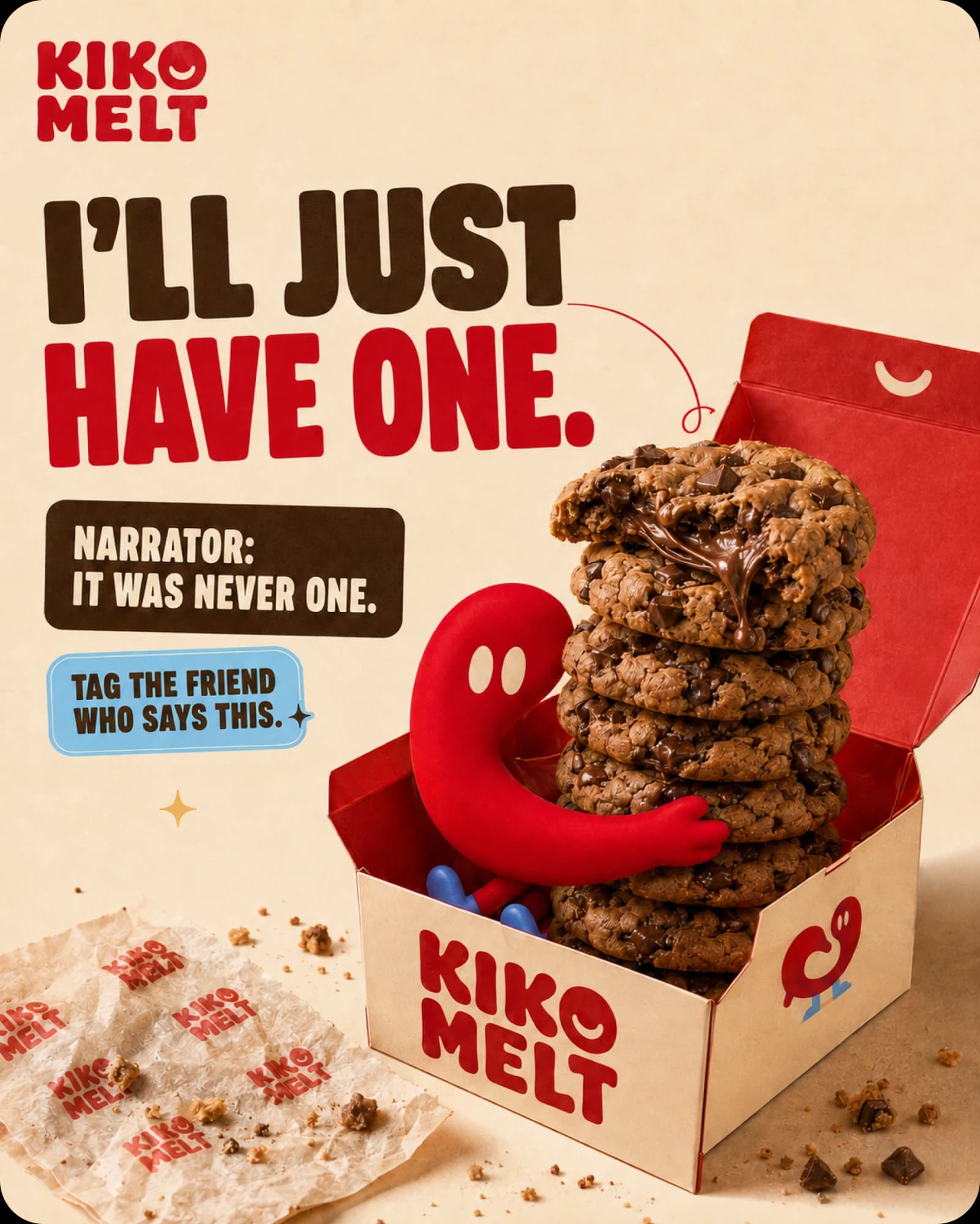 A post reading "I'll just have one" with the caption Narrator: it was never one — Loop hugging a stack of six cookies inside an open Kiko Melt box