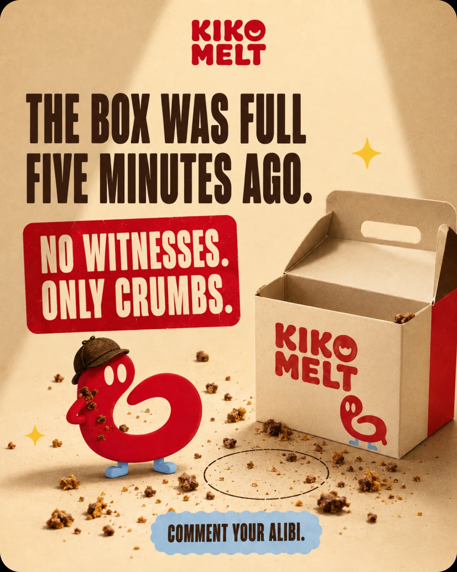 A post reading The box was full five minutes ago — no witnesses, only crumbs — Loop in a detective cap covered in crumbs beside an emptied Kiko Melt carry box, asking for your alibi