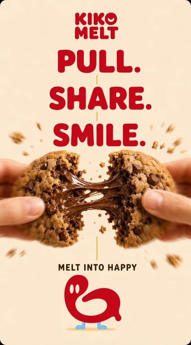 A story reading Pull. Share. Smile. over two hands pulling a cookie apart on a molten chocolate string, with Melt Into Happy and Loop beneath it