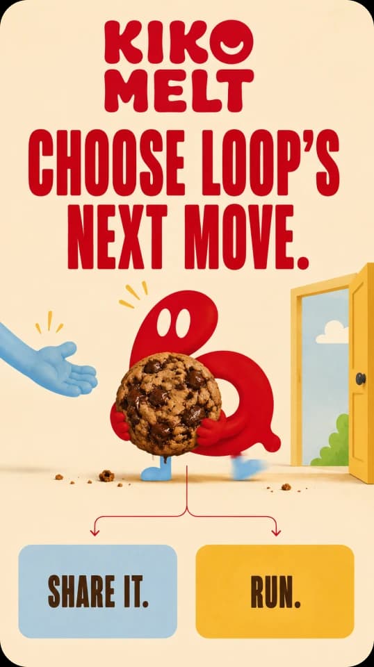 A poll story reading "Choose Loop's next move" — Loop clutching a cookie between an outstretched hand and an open door, with the options Share it and Run