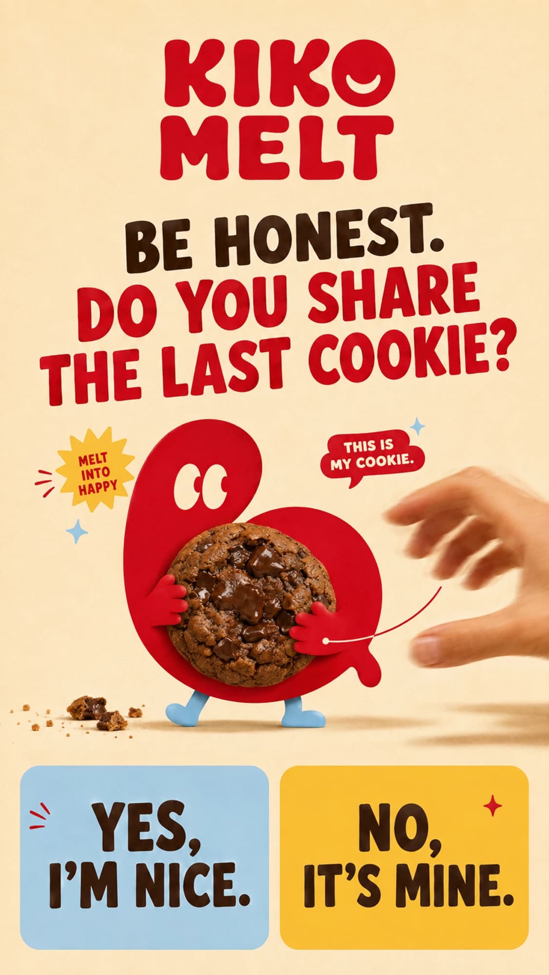 A poll story asking "Be honest. Do you share the last cookie?" — Loop clutching a cookie away from a reaching hand, with the options Yes, I'm nice and No, it's mine