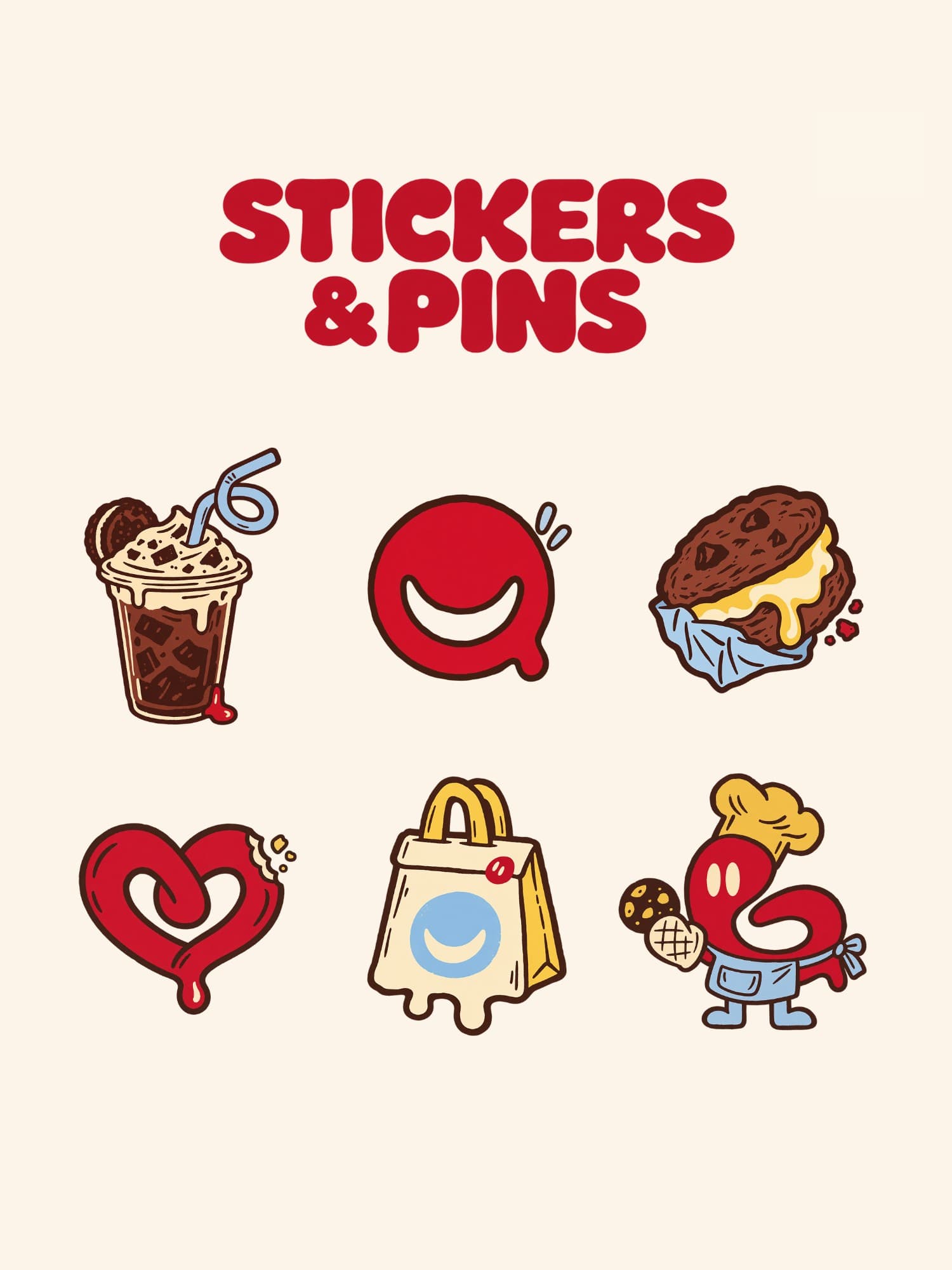 The Kiko Melt sticker and pin artwork laid out on cream: an iced chocolate with a looped blue straw, the red smile, a filled cookie sandwich, a dripping heart with a bite taken out, a takeaway bag with a blue smile, and Loop in a baker's apron holding a cookie