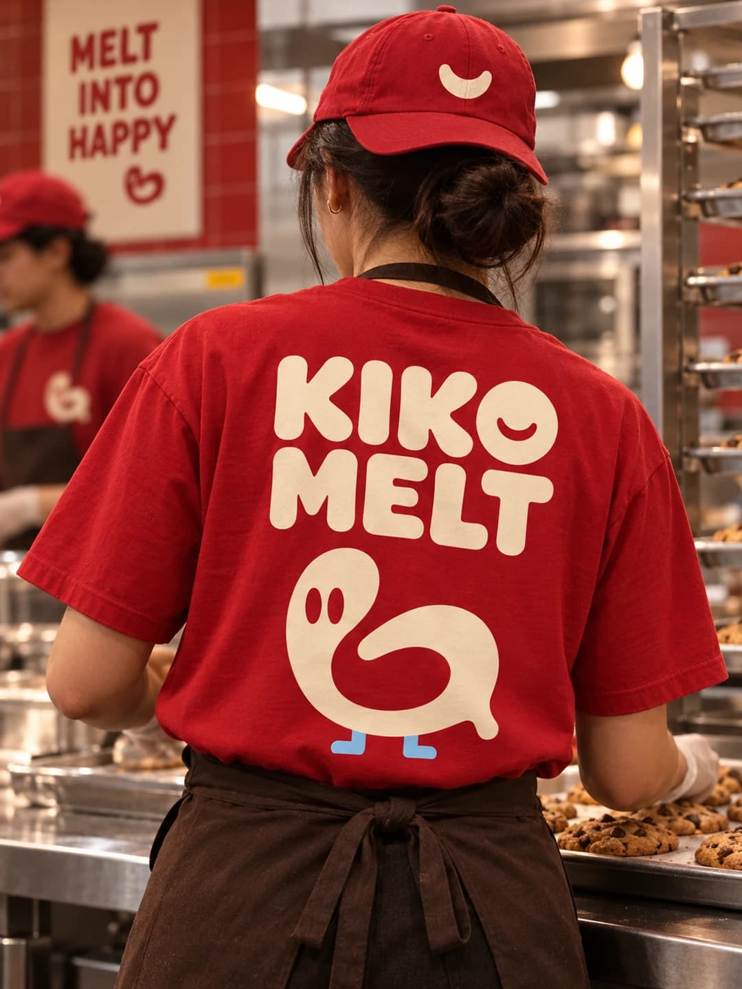 A visualisation of crew uniform from behind — a red tee carrying the cream wordmark and Loop, with a red cap, in a bakery kitchen under a Melt Into Happy wall panel