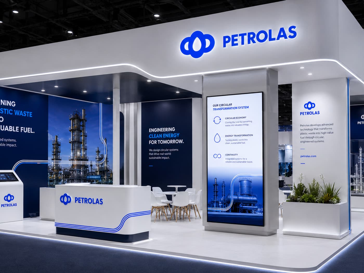 The Petrolas exhibition stand — the identity applied at trade-show scale