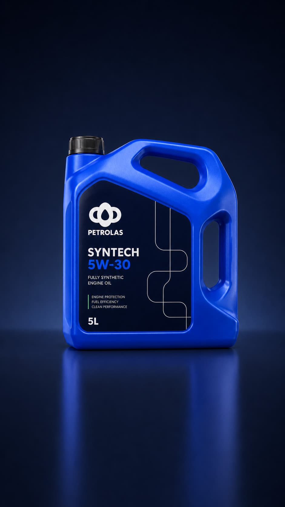 A five-litre Petrolas Syntech 5W-30 engine oil bottle, the identity carried onto packaging