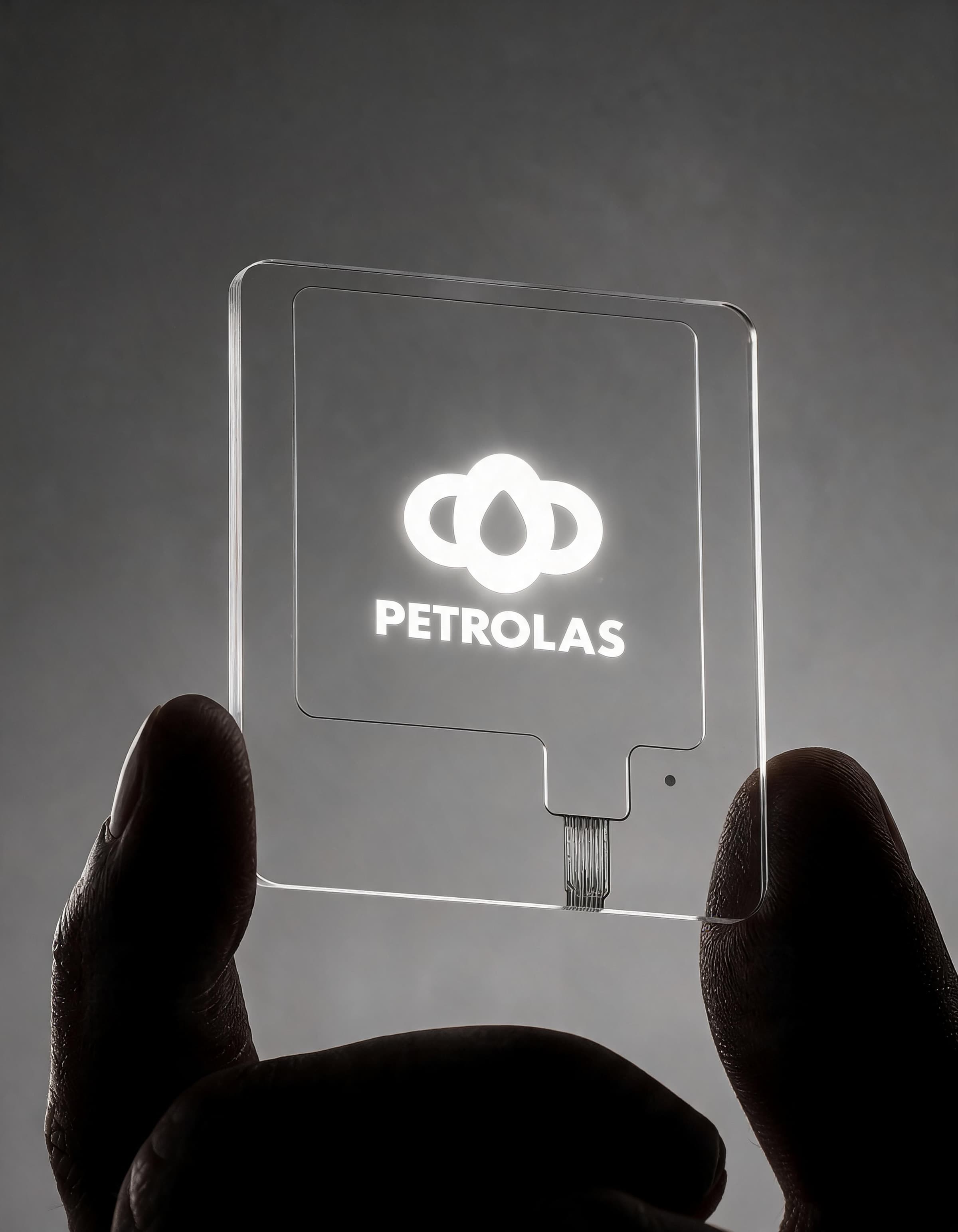 A hand holding an illuminated acrylic sign panel with the Petrolas mark glowing through it