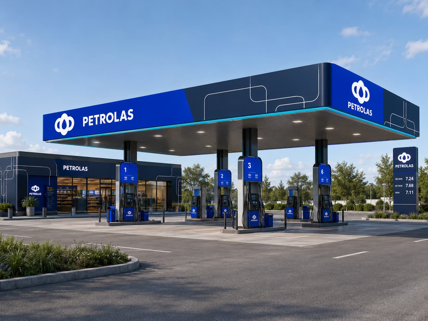 A Petrolas service station — the canopy, the pumps and the shopfront carrying the identity
