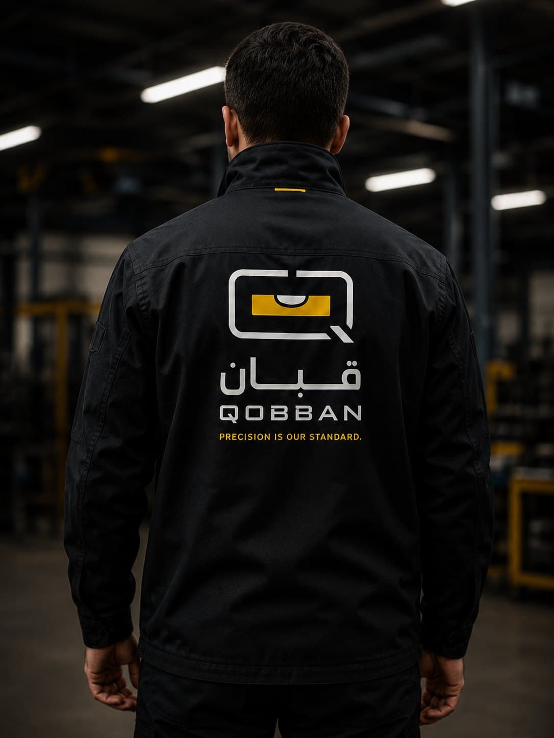 The Qobban mark on the back of a black work jacket, on the shop floor
