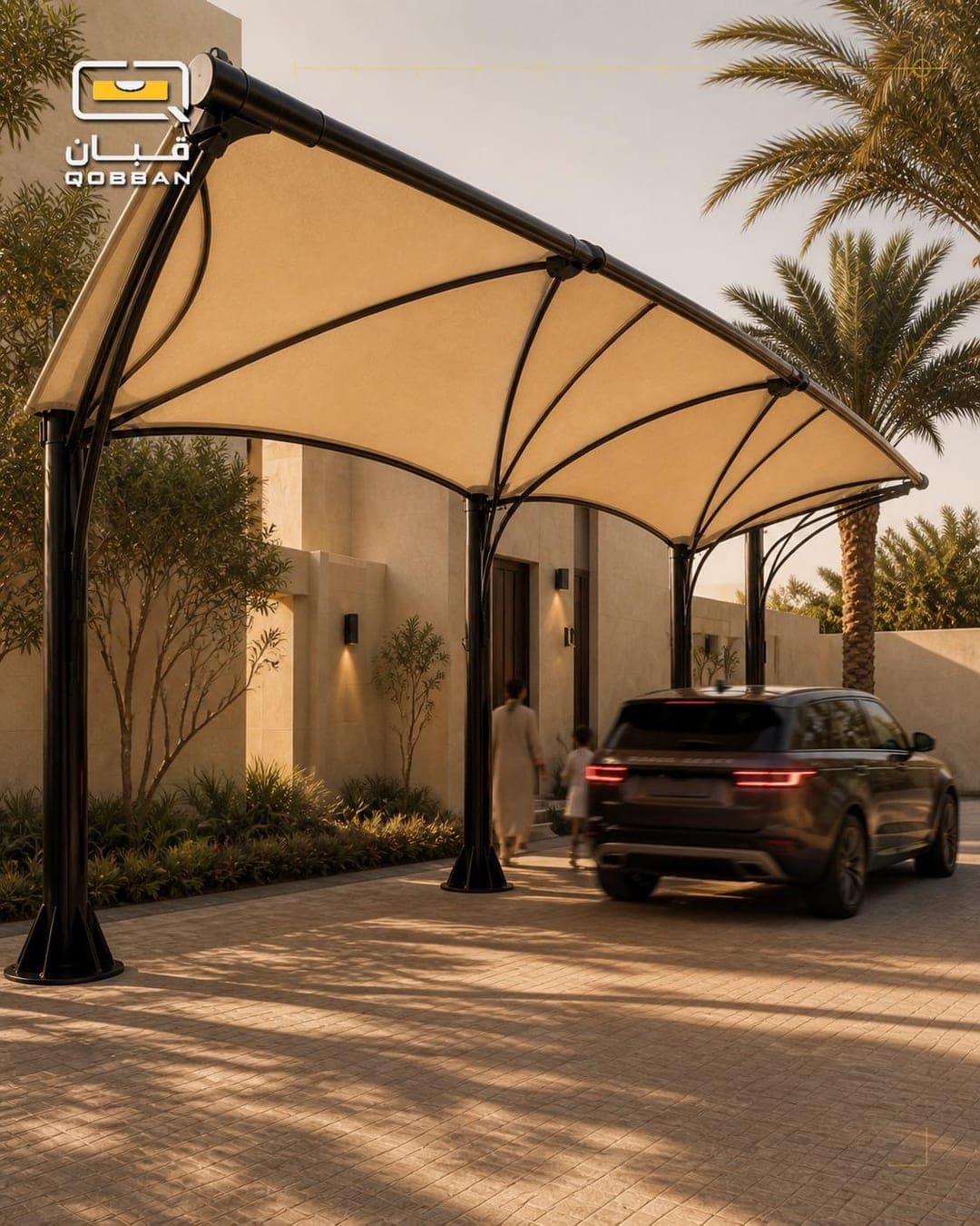 A steel and fabric car canopy over a villa driveway at golden hour, a car parked beneath it
