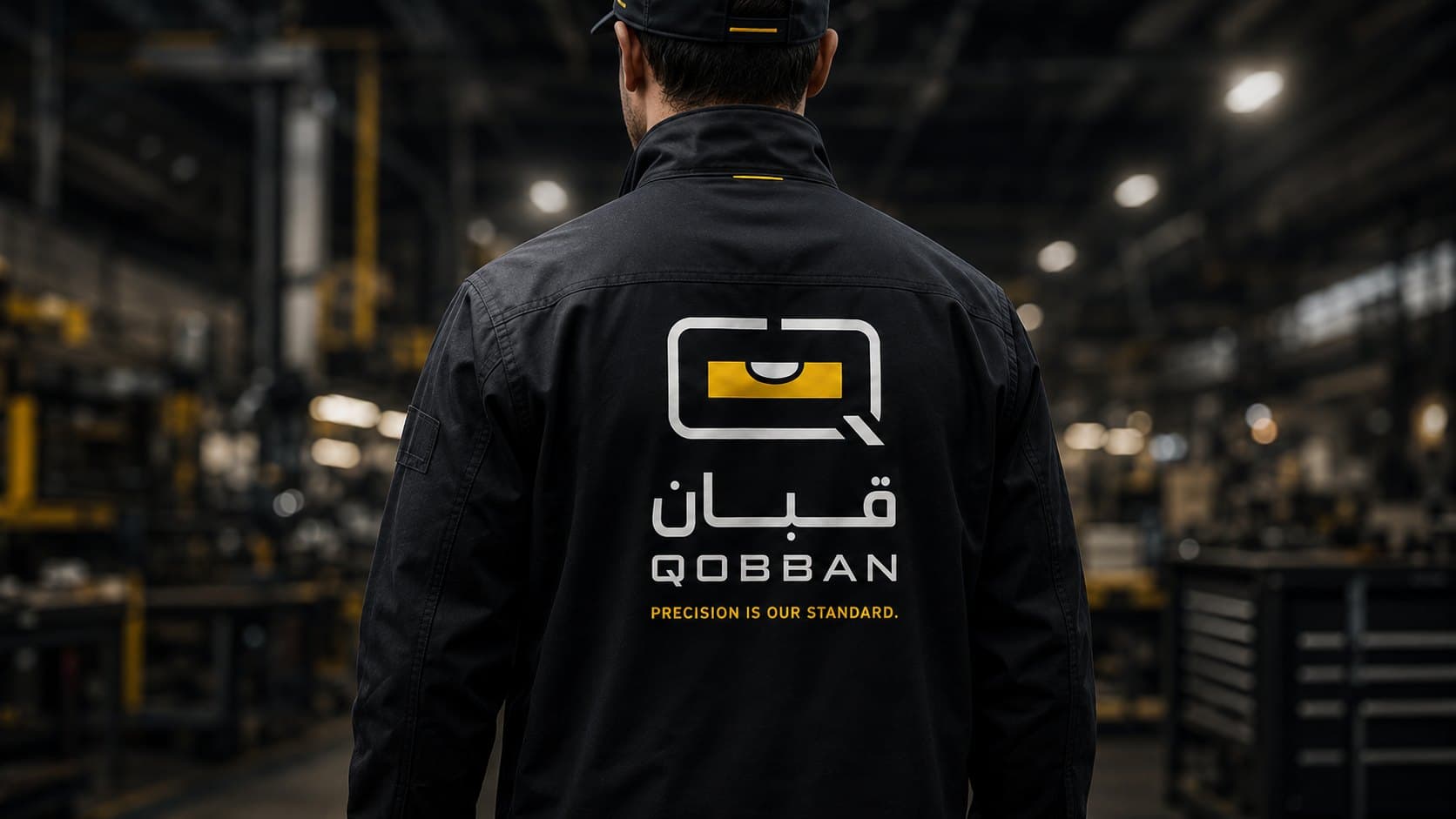 The Qobban mark on the back of a fabricator's black work jacket, on the shop floor